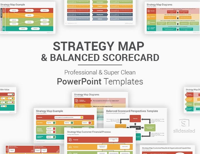 the strategy map and balanced scorecard for powerpoint templates is shown in multiple colors