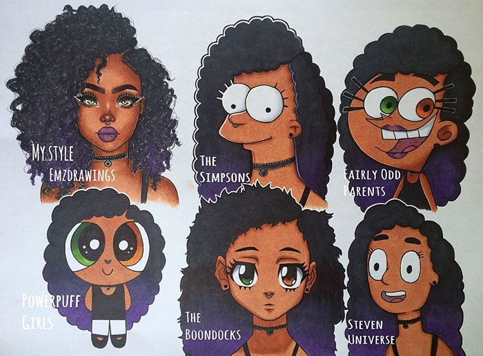 the faces of cartoon characters with different facial expressions and hair styles, including black women