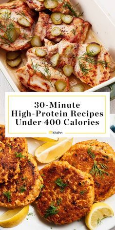 the cover of 30 minute high protein recipes under 40 calories with lemons and cucumbers