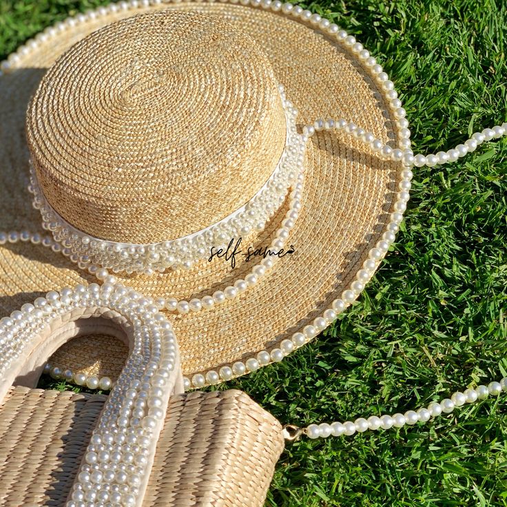 Handwoven straw hat with pearl trim detailing Band at centre of hat is removable Circumference 56-59cm (can be adjusted slightly with inner drawstring) Brim 10cm Made in UK Woman owned small business Handmade Shopping Spree, Straw Hat, Straw, Hand Weaving, Small Business, Trim, Band, Hats