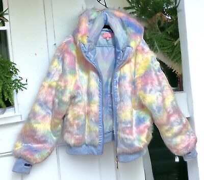 SUGAR THRILLZ Size 1XL…..Pastel Rainbow Faux Fur Bomber Jacket. NWOT  | eBay Cute Fitted Fall Outerwear, Cute Fitted Winter Outerwear, Cute Fitted Outerwear For Winter, Cute Outerwear For Cold Spring Weather, Pastel Long Sleeve Outerwear For Fall, Cute Fitted Hooded Outerwear, Pastel Puffer Jacket, Pastel Rainbow Sweater Jacket, Rainbow Puffer Jacket