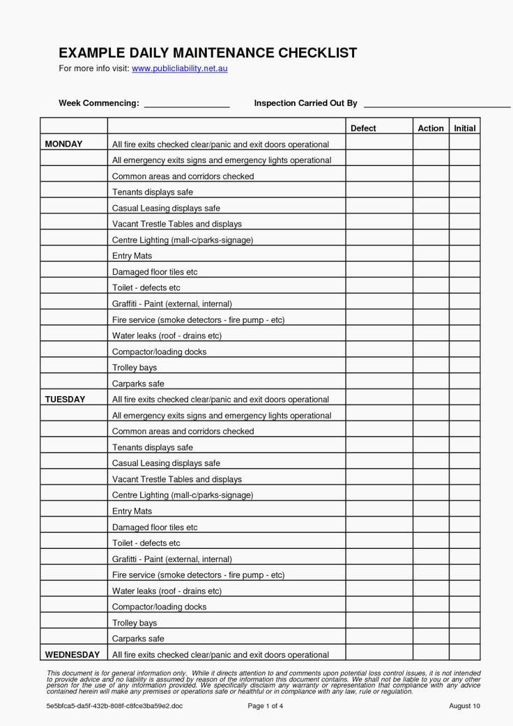 the printable daily maintenance checklist is shown in this file, which contains several important tasks