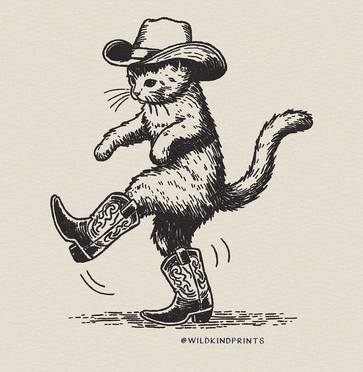 a black and white drawing of a cat wearing a cowboy hat holding a skateboard