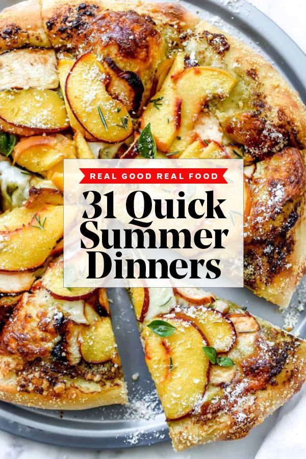 a pizza that has been sliced into slices with the words 31 quick and summer dinners on it