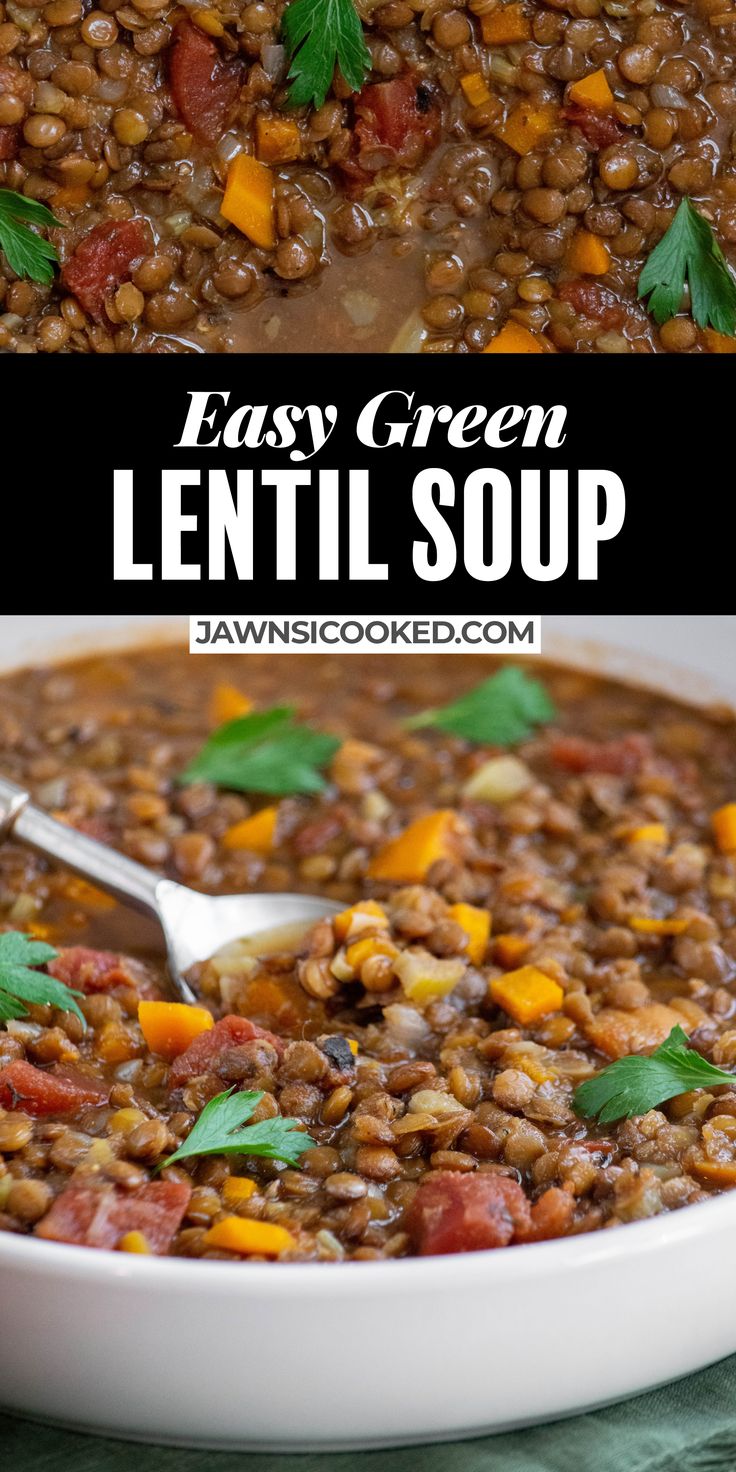 easy green lentil soup in a white bowl with a spoon on the side and title text overlay