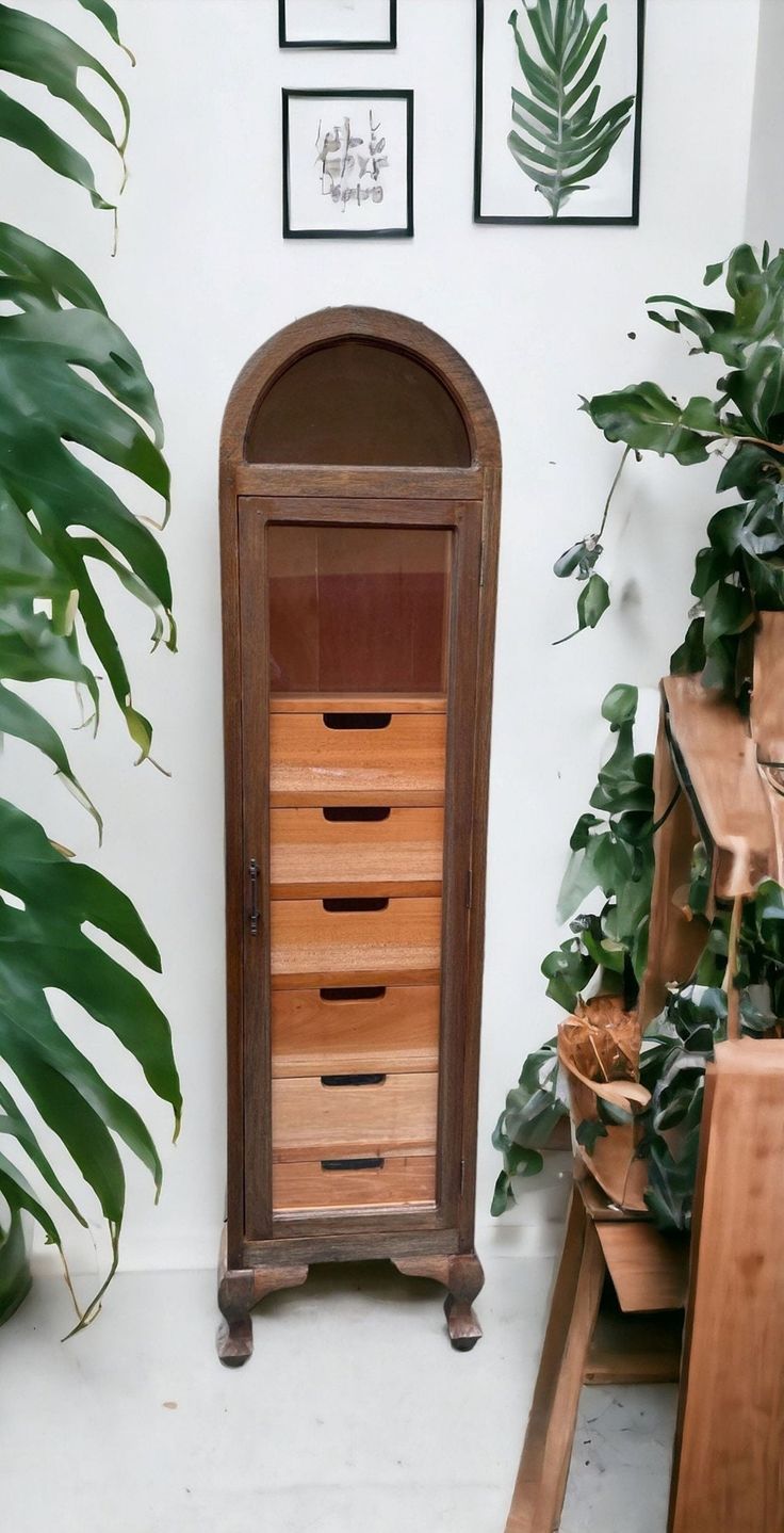 a tall wooden cabinet sitting next to a potted plant