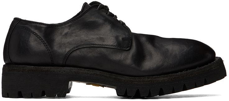 Piece-dyed full-grain horse leather derbys in black. · Leather lace-up closure · Fully lined · Goodyear welt · Treaded Vibram® rubber sole · Heel: 1.5 in Supplier color: Black Goodyear Welt, Leather Lace, Leather And Lace, Derby, Rubber Sole, Grain, Black Leather, Women Wear, Lace Up