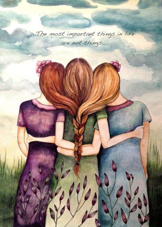 three girls with their arms around each other and the words, the most important things in life are not things