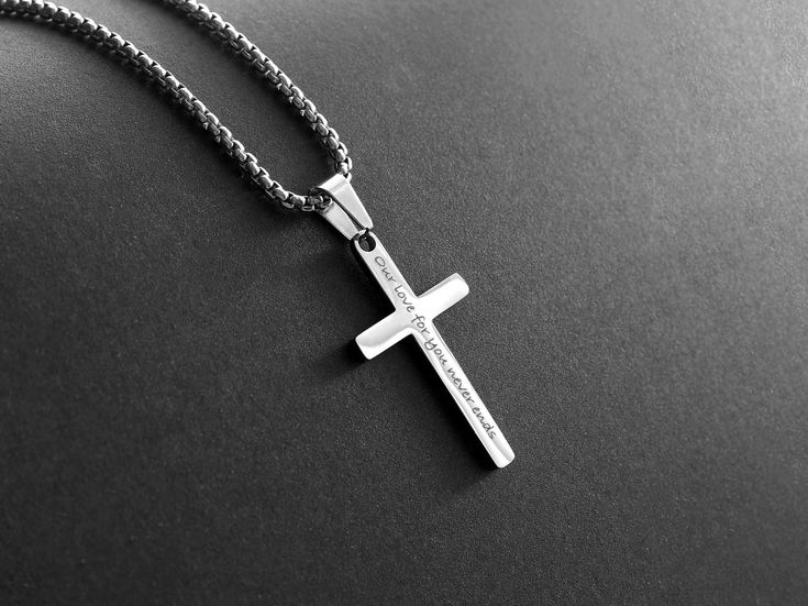 "*Waterproof Cross Necklace. *Religious Jewelry - Cross Necklace for men is Highly polished shiny both sides surface simple and classic design pendant with 2mm Venetian box chain. *Silver Cross Necklace for men, cross pendant with chain High Quality 316L Stainless Steel is Commonly used for jewelry because it will not oxidize or turn black with only minimal maintenance. *Cross Pendant size             Length - 1.26\"(32mm), Width - 0.7\"(17mm). *Cross Chain size : Length - 16\", 18\", 20\", 22\" Elegant Stainless Steel Necklace For Father's Day, Spiritual Stainless Steel Necklaces For Father's Day, Spiritual Stainless Steel Necklace For Father's Day, Silver Necklaces For Father's Day Memorial, Inspirational Silver Necklace For Father's Day, Stainless Steel Cross Necklace For Anniversary, Engraved Cross Pendant Necklace For Father's Day, Crucifix Necklace For Father's Day Gift, Spiritual Engraved Necklace For Father's Day