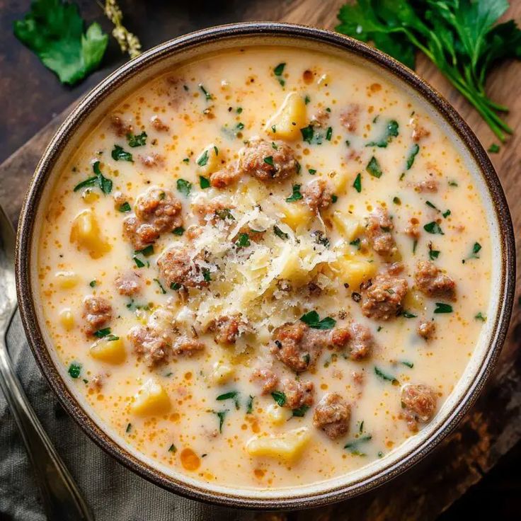 a bowl of soup with meat and cheese