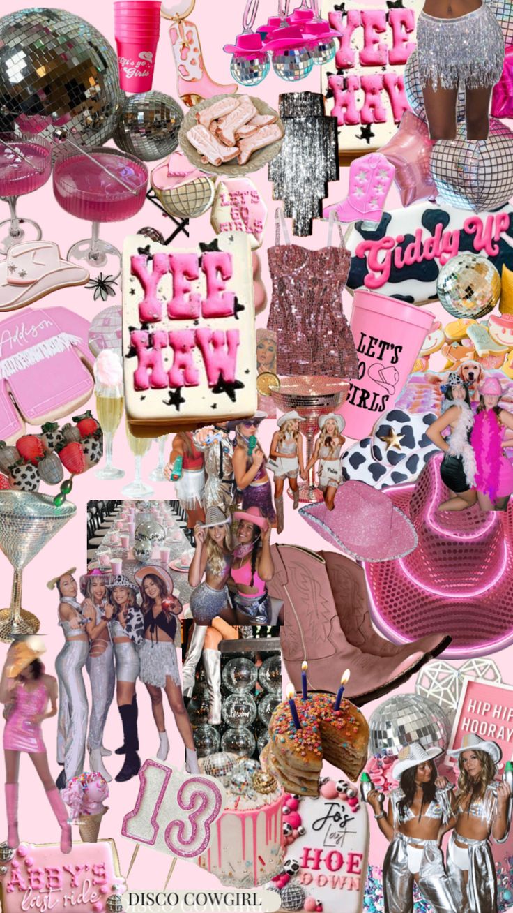 a collage of barbie dolls, cake and other items on pink background with text