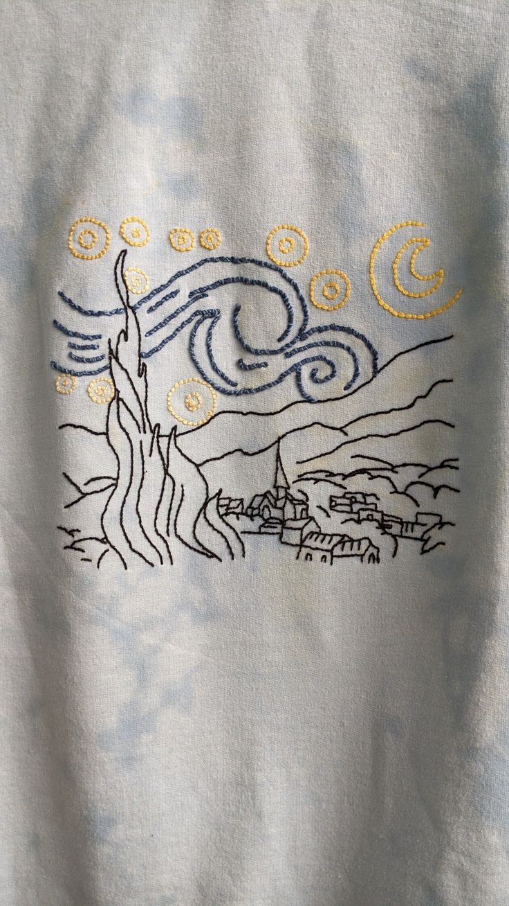 Van Gogh, Starry night, sticken, embroidery, Stembroidery, Backstitch, french knot, chain stitch Vincent Van Gogh Embroidery, Embroidery Patterns Hoodie, Embroidery Hoodie Diy, Embroidered Hoodie Diy, Hoodie Embroidery Ideas, Van Gogh Hoodie, Hand Embroidery Patterns Free Templates, Diy Embroidery Shirt, Jacket Embroidery