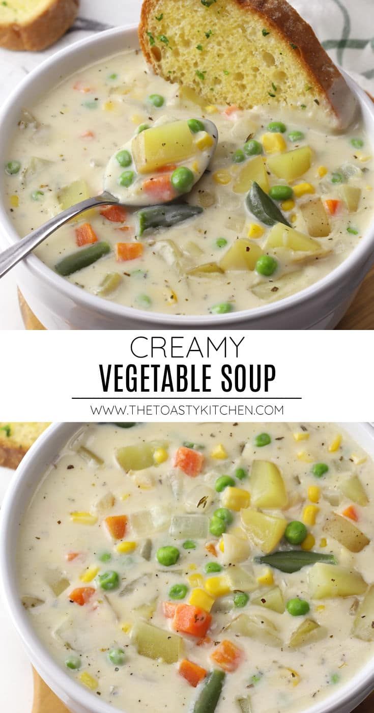 two bowls of creamy vegetable soup with bread in the background