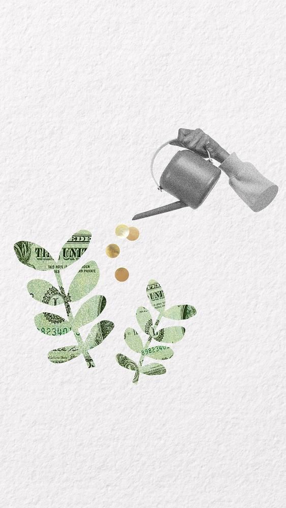 a plant with money coming out of it and a watering can pouring water over it