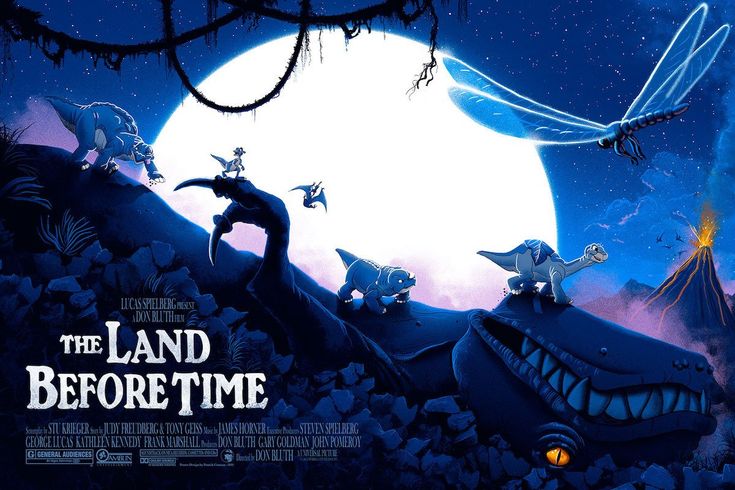 the land before time movie poster with dinosaurs in front of a full moon and flying dragon