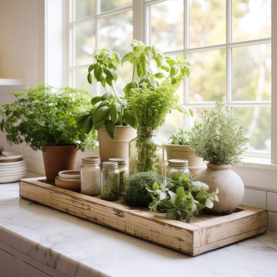 some plants are sitting on top of a wooden tray in front of the windowsill