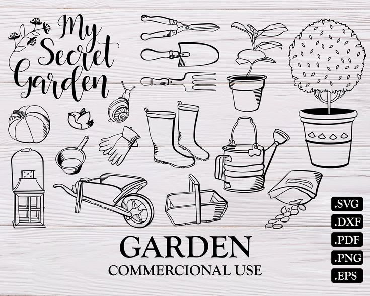 garden clipart set on wood background with hand drawn gardening related items and text that reads, my secret garden