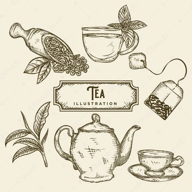 hand drawn tea set with cups and saucers on a white background stock photo, royalty illustration