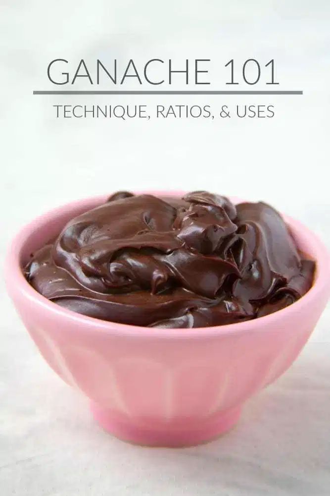 a pink bowl filled with chocolate on top of a white tablecloth and text overlay reads ganache 101 technique, ratos, & uses