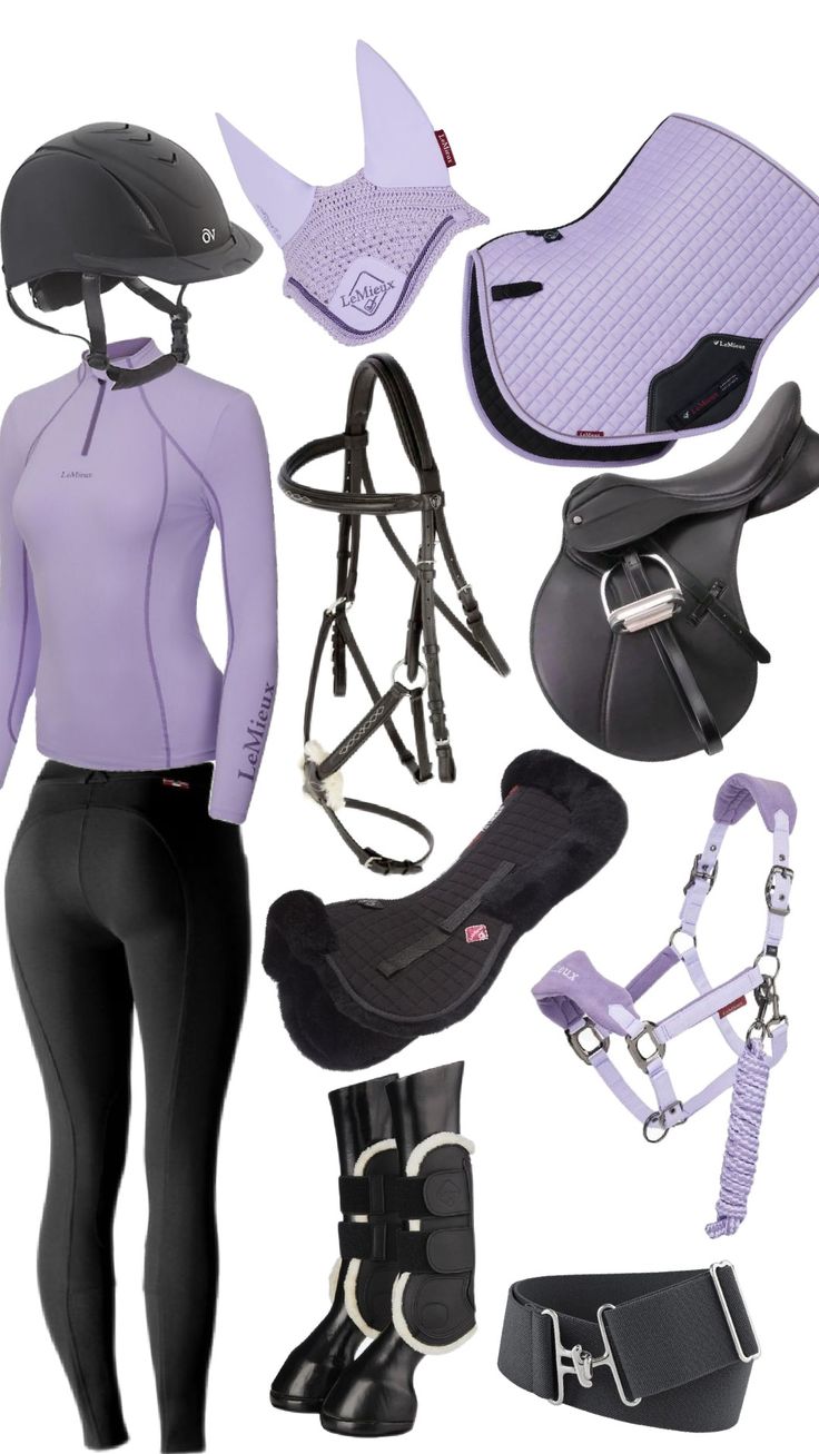 a woman wearing all black and purple is standing next to her horse gear