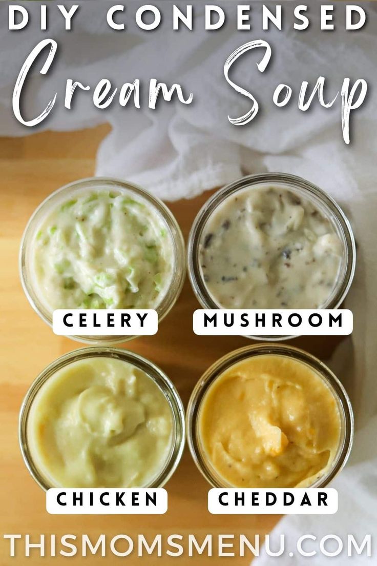 four jars filled with different types of cream sauce