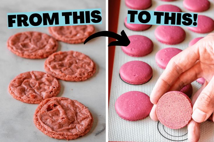 two pictures side by side, one with pink cookies and the other with red macaroons