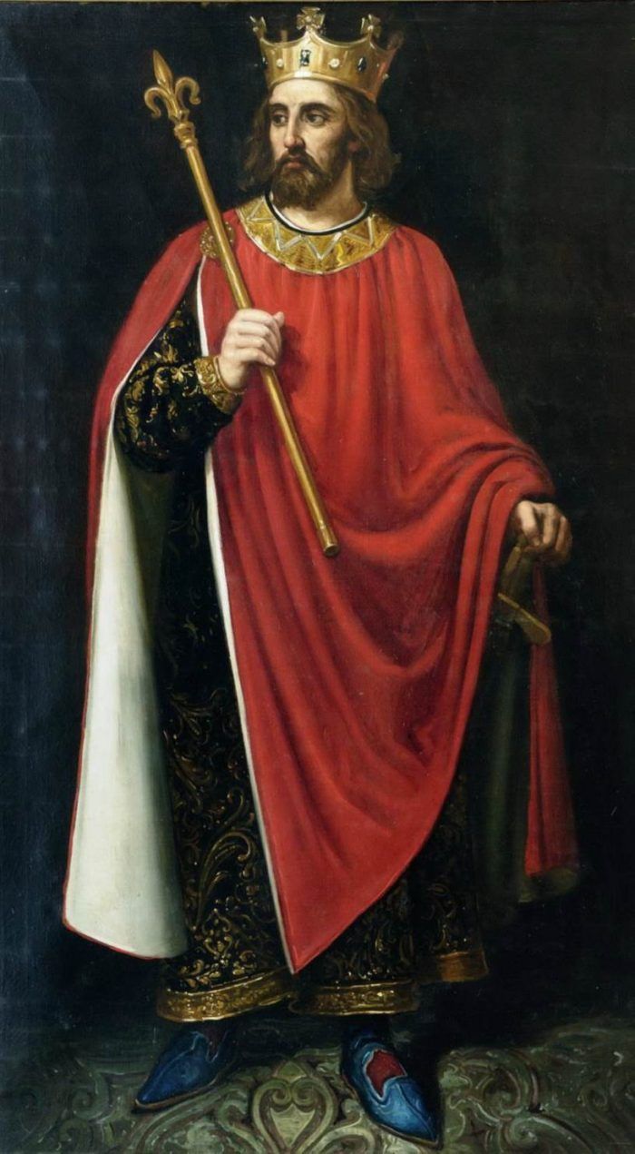 a painting of a man wearing a crown and holding a cane in one hand, with a red robe on the other