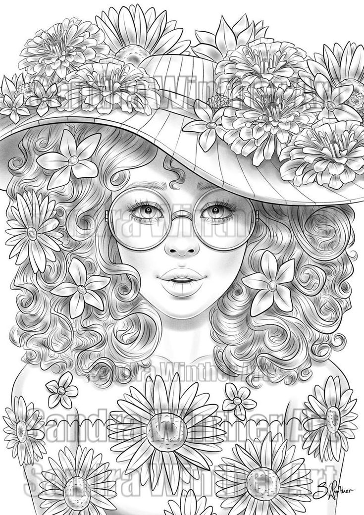 a woman with flowers in her hair and glasses on her head, wearing a hat