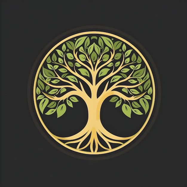 a golden tree with green leaves in a circle on a black background is the symbol of nature