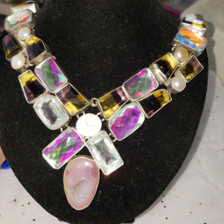 Chock Full Of All Kinds Of Semi Precious Stones, Just Beautiful N Eye Catching..Small Spit On Bottom Pink Stone Is Natural,Its Called A Druzy,Not A Flaw,,All Stones Encased In .925 Sterling..One Of A Kind.Nwt.10" On One Side,This 20" Silver Jeweled Metal Necklace, Party Crystal Necklaces With Gemstone Accents, Party Jewelry With Gemstone Accents And Crystal, Silver Necklace With Stones For Party, Silver Party Necklace With Stones, Costume Jewelry Stones For Party, Costume Jewelry With Stones For Parties, Multicolor Crystal Jewelry With Stones, Silver Pendant Crystal Necklace With Jewels