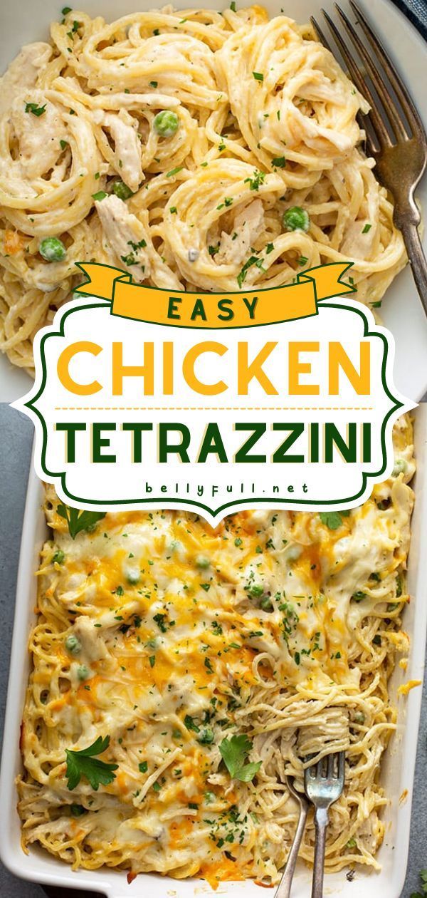 chicken tetrazzini in a white casserole dish with a fork on the side