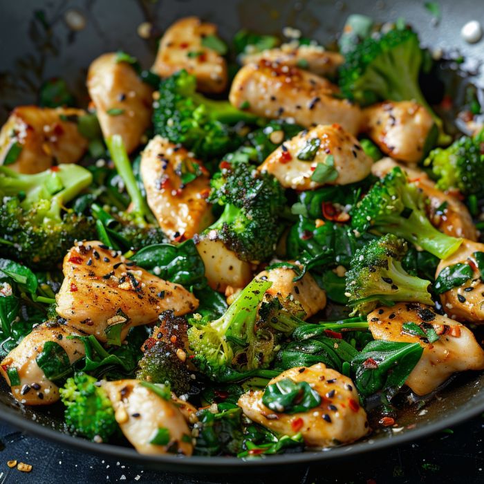 chicken and broccoli stir fry in a wok with sesame seeds on the side