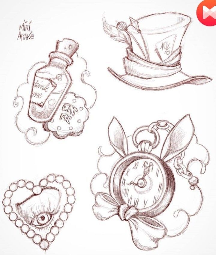 four different drawings of clocks, hats and other things in the shape of heart shapes