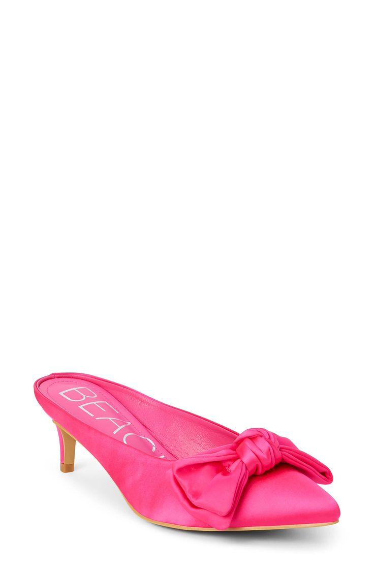 A bow detail adds an extra pop of sophistication to a classic mule set on a just-right heel. 2 1/2" heel Textile upper/synthetic lining and sole Imported Bow Mules, Bow Detail, In Hot, Mule, Hot Pink, Coconut, Nordstrom, Size 10, Heels