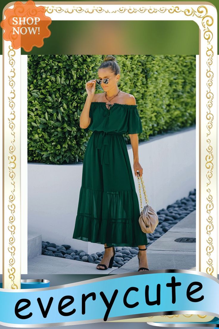 Dark Green Off Shoulder Tie Waist Ruffle Maxi Dress Green Off-shoulder Ruffled Midi Dress, Green Off-shoulder Midi Dress With Ruffles, Green Maxi Dress With Ruffle Hem For Day Out, Ruffle Maxi Dress, Ruffled Maxi Dress, Women Dresses, Maxi Dresses, Dresses Maxi, Dark Green