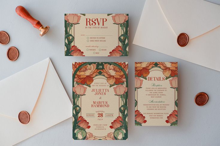 the wedding stationery is laid out on top of an envelope and some coins are next to it