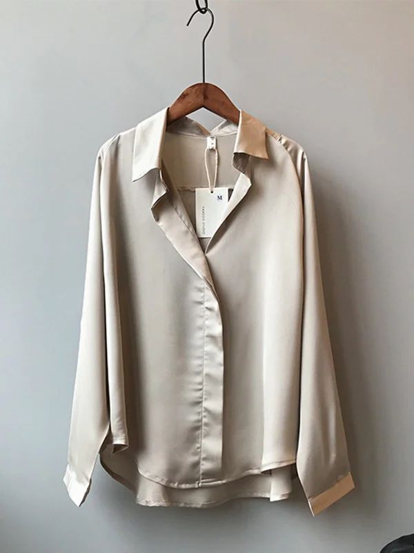 Casual Blouse Women, Long Sleeves Tops, V Neck Shirts, Loungewear Fashion, Clothes Korean Style, Color Champagne, Satin Shirt, Satin Blouse, Elegant Shirt