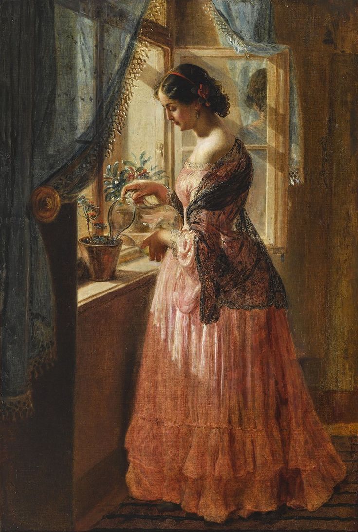 a painting of a woman in an elegant dress looking out the window at her reflection