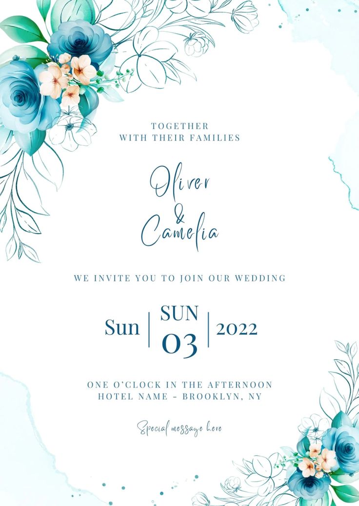 a wedding card with blue flowers and greenery on the front, in watercolor