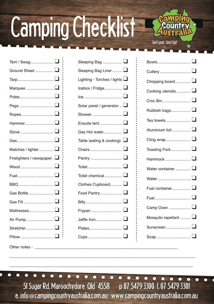 the camping checklist is shown in black and white with brown woodgrain background