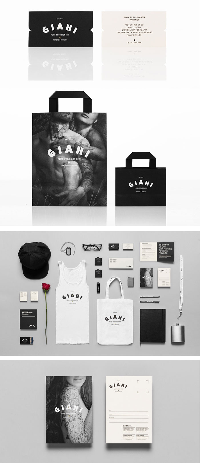 the brand identity and packaging design is shown in black and white, with an image of a