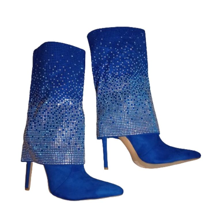 Vivianly Womens Pointed Toe Stiletto Heel Rhinestones Mid-Calf Boots Glitter Booties Size 9 Blue These Stiletto Boots From Vivianly Will Give Your Looks An Extra Dazzling Touch. Shine On! Adorned With All-Over Rhinestone Embellishments And Delicate Patterns Garner All The Attention. The Stiletto Boots Feature A Pointed Toe, Crystal Embellishments, Mid Calf Length, A Stretch Fit, A Mid High Stiletto Heel. Unique Design: The Surface Of The Mid-Calf Boots Is Studded With Sparkly Crystals, Dazzling Blue Heels With Rhinestones And Round Toe, Blue Pointed Toe Heels With Rhinestones, Blue Rhinestone Pointed Toe Heels, Blue Party Heels With Rhinestones, Glamorous Embellished Blue Heels, Glamorous Blue Embellished Heels, Shiny Boots, Sparkly Crystals, Chunky Ankle Boots