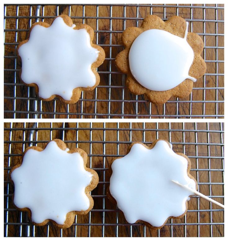 three pictures of cookies with icing on a cooling rack