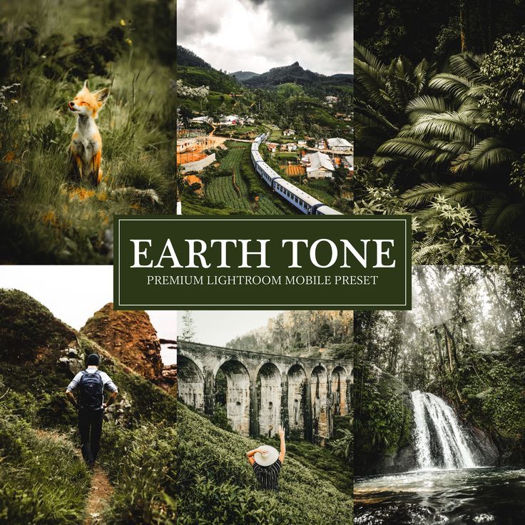 there is a collage of pictures with the words earth tone on it and an image of a man standing in front of a waterfall