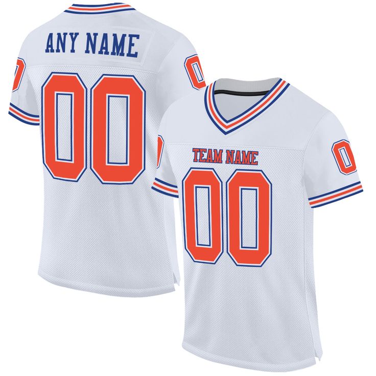 Custom White Orange-Royal Mesh Authentic Throwback Football Jersey Jersey Ideas, Body Construction, Custom Football, Skull Fashion, Sleeveless Crop Top, Number 3, Baseball Shirts, Football Jersey, Printed Sleeves