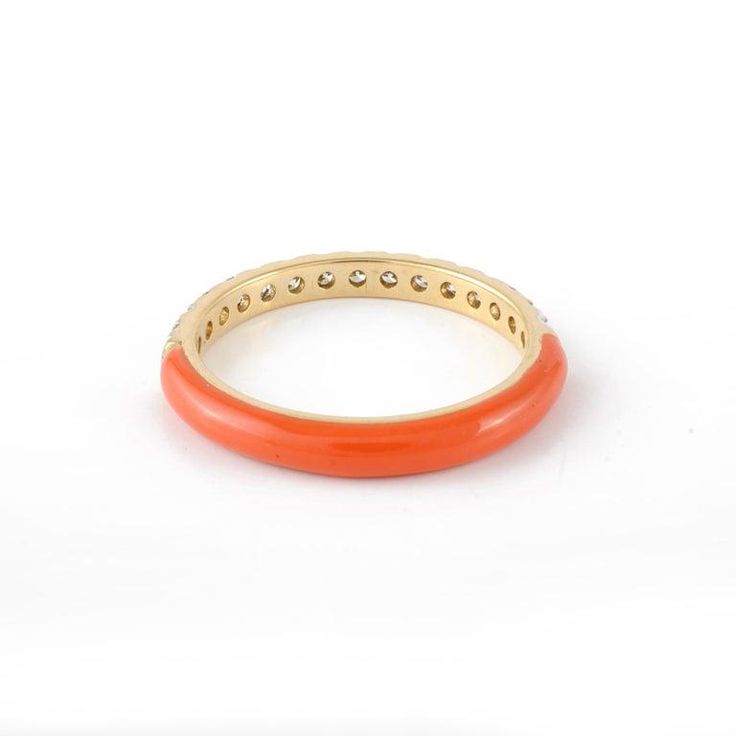 This is part of Chairish’s Fine Jewelry assortment.  Chic Orange Enamel Diamond Stacking Ring in 14k Gold. A fun, colorful, and personalized addition to your ring stack! Stay on trend by adding these flamboyant enamel pieces and give yourself a fresh look! April birthstone diamond brings love, fame, success and prosperity. Lightweight and beautiful, this is a great gift for anyone on your list. Show your endless love by gifting this ring to your partner and make her feel even more special.  PROD Yellow Gold Stackable Enamel Rings, Yellow Gold Enamel Stackable Rings, Gold Enamel Stackable Ring, Gold Stackable Enamel Ring, Stackable Round Enamel Ring For Anniversary, Adjustable Enamel Round Ring, Adjustable Round Enamel Ring, Adjustable Enamel Ring, Stackable Yellow Gold Enamel Ring