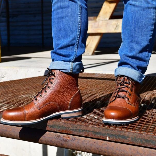 The Marfa Brown Brown Moc Toe Lace-up Boots With Leather Footbed, Brown Calf Leather Lace-up Boots With Reinforced Heel, Brown Oiled Leather Lace-up Boots With Round Toe, Brown Goodyear Welted Lace-up Boots For Fall, Brown Leather Lace-up Boots, Brown Lace-up Boots With Goodyear Welt For Outdoor Work, Western Leather Lace-up Boots For Outdoor, Western Style Leather Lace-up Boots For Outdoor, Brown Plain Toe Combat Boots For Outdoor