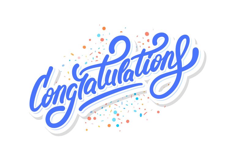 congratulations lettering with confetti and sprinkles in blue ink on a white background