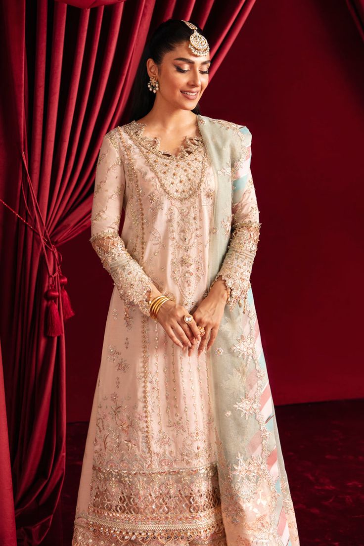 Qalamkar HR-03 Meher Heer Ranjha Wedding Collection Original brand suit fabric and photography lite diffrance in actual print. Heer Ranjha, Pakistani Boutique, Pakistani Designer Clothes, Jacquard Shirt, Chiffon Collection, Embroidered Border, Eid Collection, Embroidered Neckline, Pakistani Designers