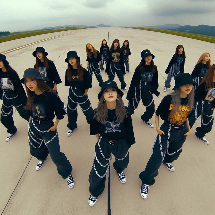 a group of young women standing on top of an airport tarmac